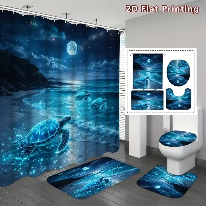 4pcs Glow-In-The-Dark Turtle Shower Curtain Set, Waterproof Bathroom Mat Toilet Lid Kit, Toilet Lid Cover, 12 Hooks, Modern Print Style, Perfect Home Decor