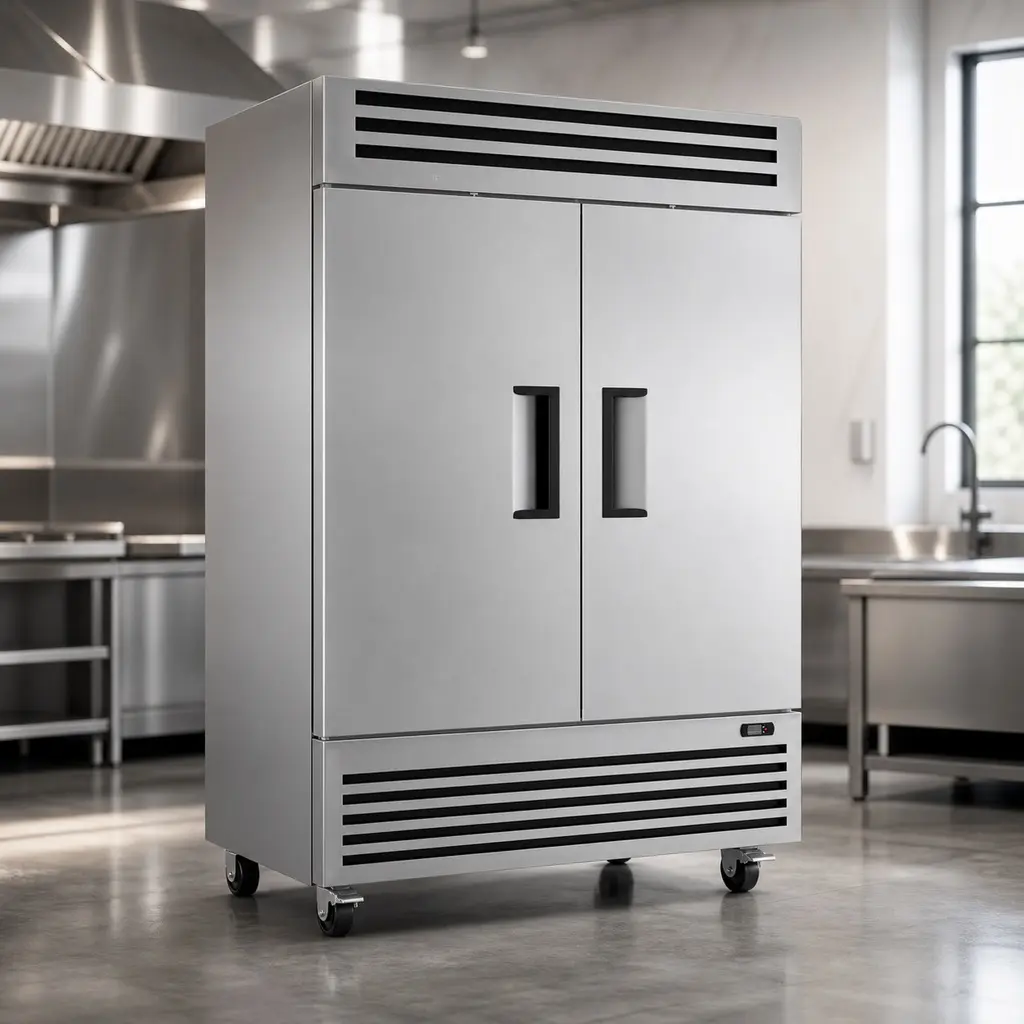 ARCH 54" Wide 49 Cu.Ft Stainless Steel Reach-In Commercial Freezer - 2 Self-Closing Doors, OmniSmart Thermostat, Digital Display, Auto Defrost, LED Light, 6 Adjustable Airflow Cooling Shelves, Lockable Wheels, Restaurant Kitchen Storage