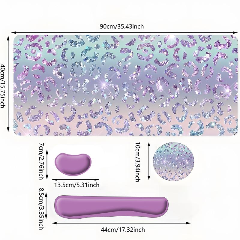 Sparkly Leopard-Print Mouse Pad Set, Mouse Pad & Keyboard Wrist Rest & Coaster, Waterproof Office Accessories Set, Non Slip Mousepad