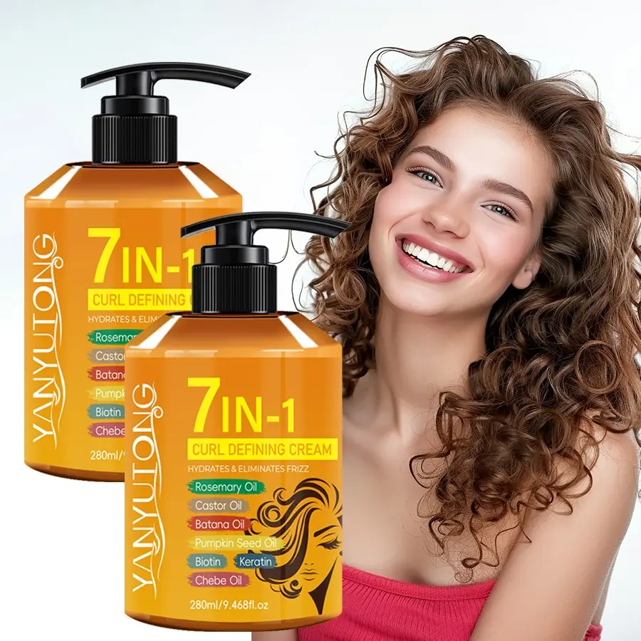 2 bottles of 280ml 7in1 curly hair styling cream, moisturizing and brightening hair luster, reducing frizz and static electricity, refreshing texture without greasiness, suitable for various types of curly hair daily care, shaping and hair care cream