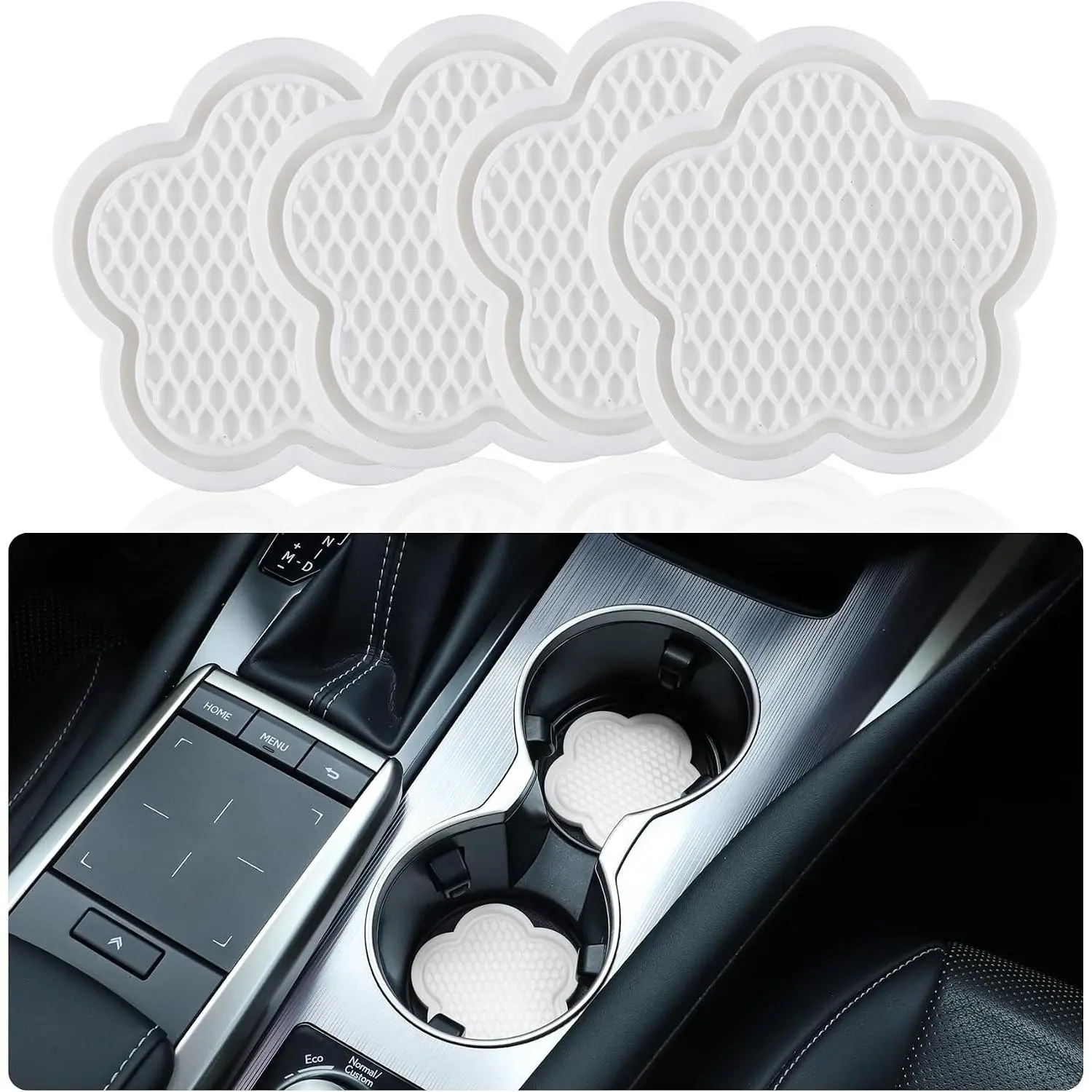 Cup Holder Coaster,  Non-Slip Recessed Flower Shaped Cup Holders, Cute  Accessories Interior for Women and Man Interior Sets 4 Pack (White)