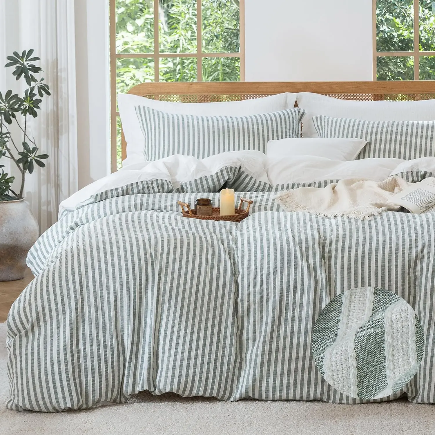 100% Washed Cotton Striped Duvet Cover Set - 3pcs Sage Green Textured Comforter Cover, 90"x90", Dual Zipper Closure, 8 Corner Ties, Soft Lightweight, 100 cotton, All Seasons Bedding