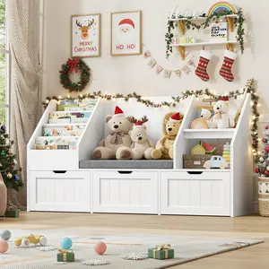 FOTOSOK 55.1'' Kids Bookshelf with Reading Nook, Toy Storage Organizer with Seat Cushion and 3 Movable Drawers, Kids Reading Nook Toy Organizers and Storage with Bench for Playroom