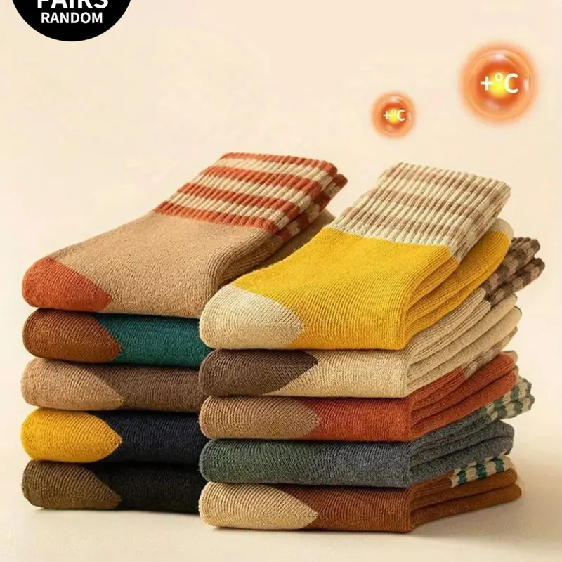 5/10-Pairs random colours Thickened Terry-Loop Warm Color-Blocked Mid-Calf Socks, Knee-High Socks, Casual Socks, Retro Multi-Color Patchwork—A Fall/Winter Must-Have, Versatile Socks for Home and Sports, Thermal Crew Socks, Casual Knit Socks