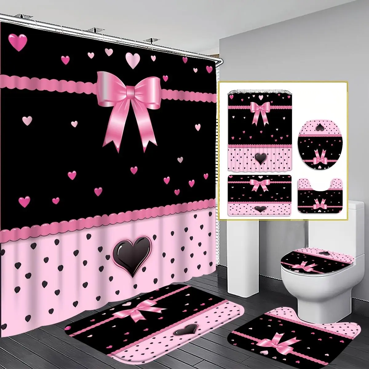 1pc/4pcss. Full 4pcs Set Sold Separately. Heart-Shaped Bow Shower Curtain Set, Pink And Black Color Scheme Bathroom Decoration, Includes, U-Shaped, Toilet Cover And 12 Hooks, Romantic Heart-Shaped Design, Home Decor, Bathroom Additions