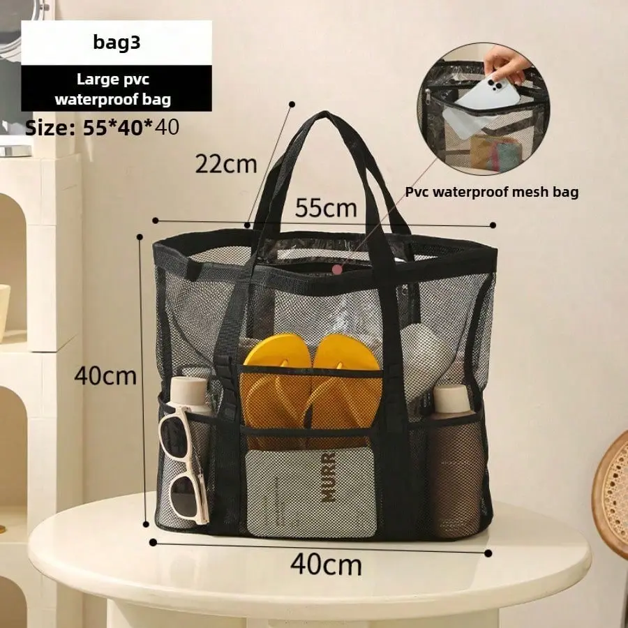 1PC Large Oxford Mesh Beach Bag - Hollow Waterproof Plaid Pattern Storage Bag, Multifunctional Open Top Organizer for Swimsuits, Kids' Toys
