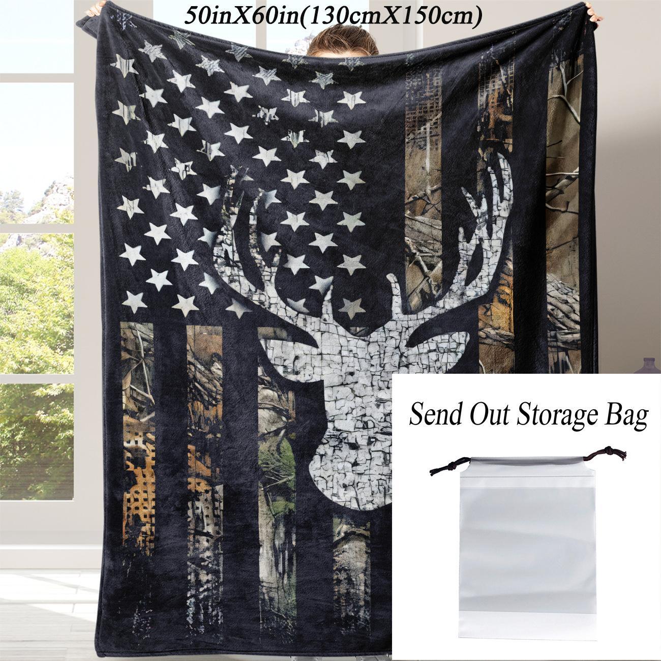 Flag & Deer Head Pattern Flannel Cozy Blanket, 1 Count Soft Comfortable Warm Throw, Soft Comfy Blanket, Cool Bedroom Bedding Blankets Decorative Giftable Blankets for Home Office Travel Camping