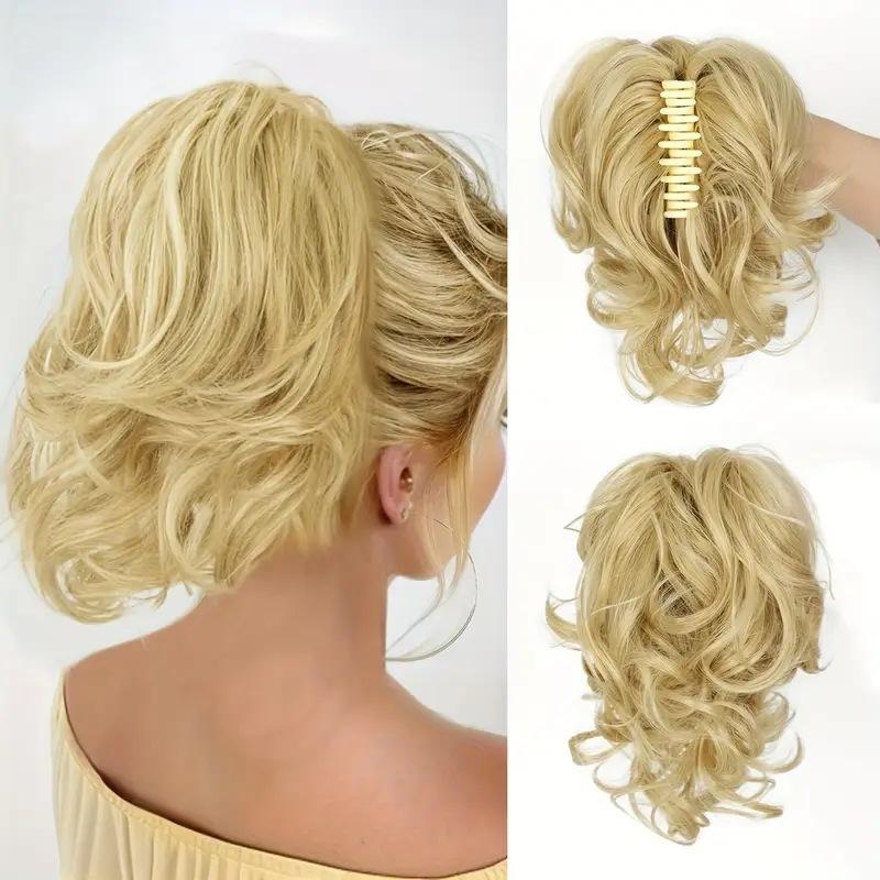Short Clip On Messy Ponytail Hair Extension Waterfall Wave Voluminous Adjustable Big Curly for Women Blonde