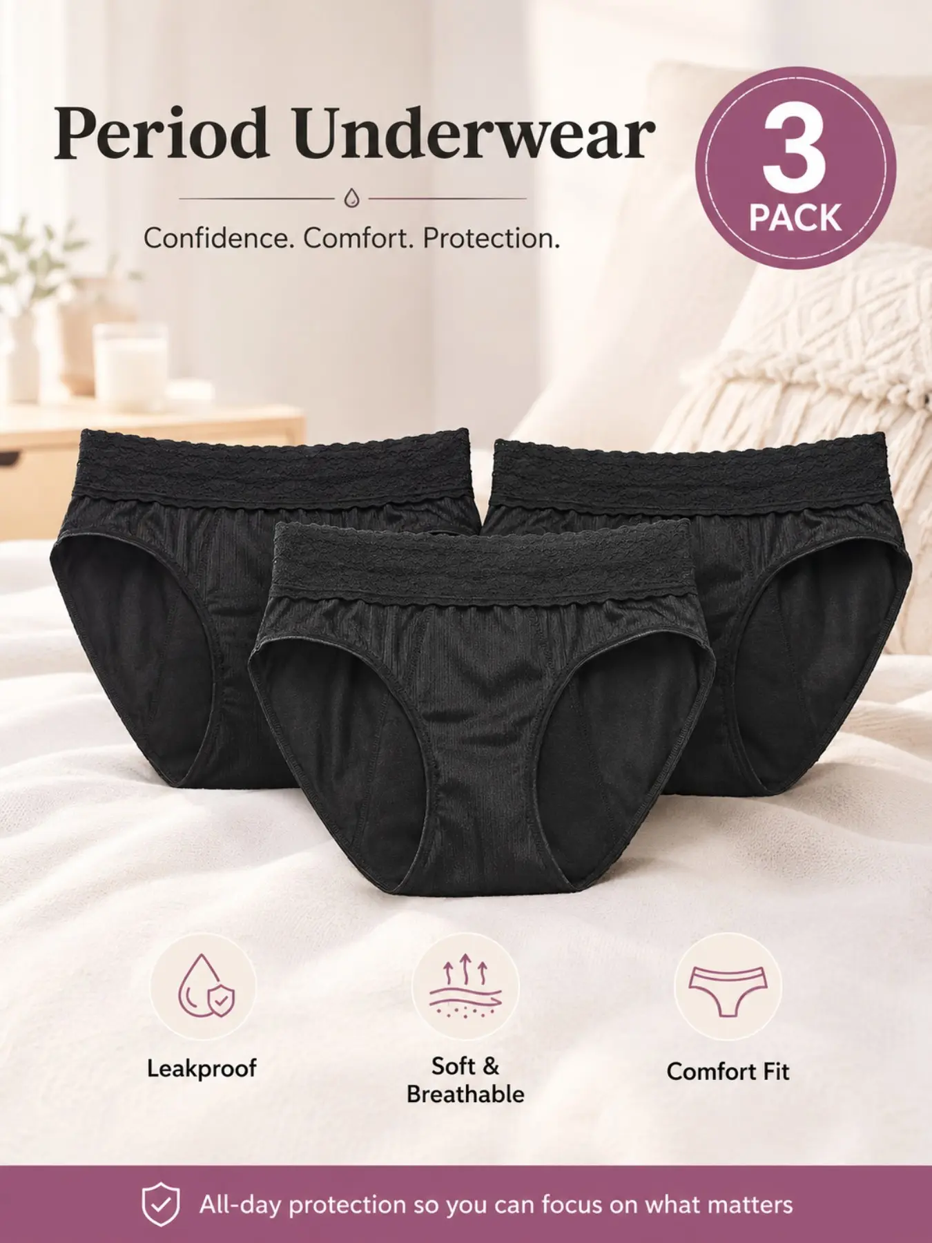 Women's Leak-Proof Period Underwear (3-Pack), Lace High-Waist Absorbent Panties, Washable Leak-Proof Design, Comfortable Fit for All Seasons