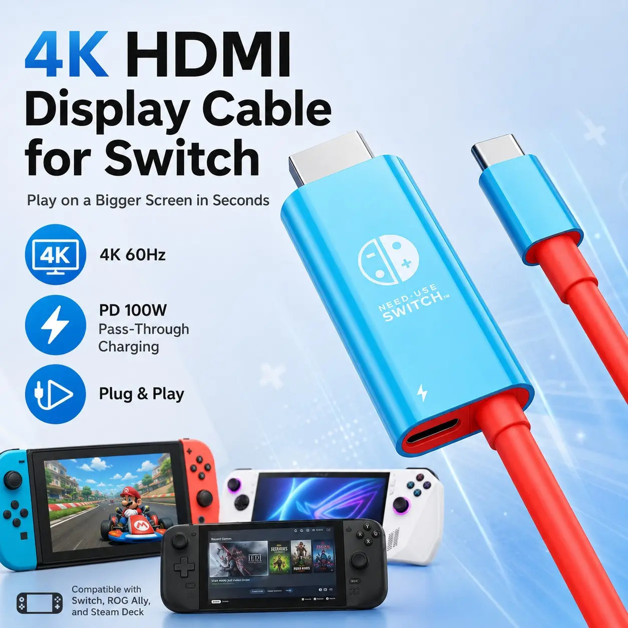 Nintendo Switch 2 Gen USB-C to HDMI Cable, Supports 4k60 Hdr, PD Protocol, Game Console Accessories, High-Resolution Display Connectivity