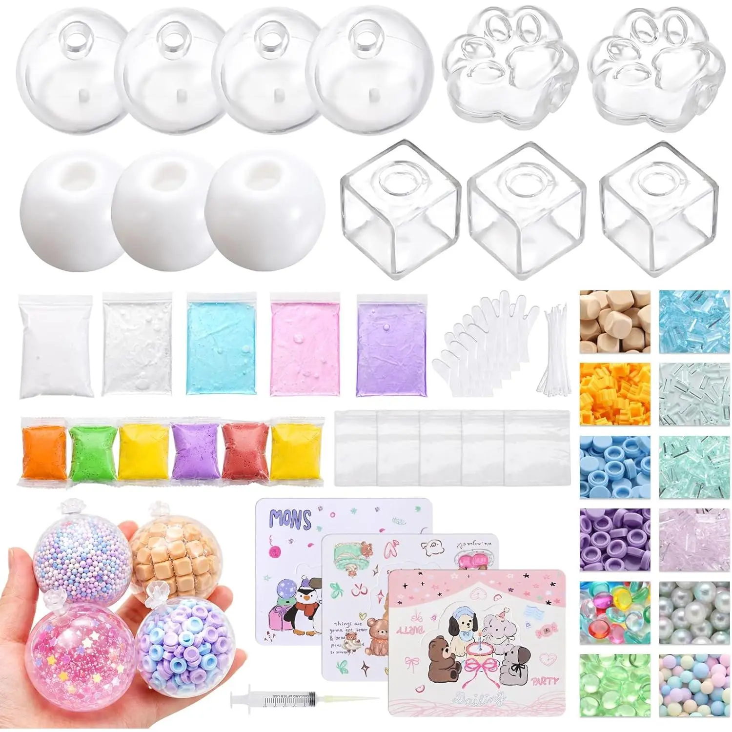 DIY Stress Ball Making Kit, 12 TPR Skins 4 Shapes, 26 oz Assorted Fillers, Slime, Clay, Vacuum Tool & Cable Ties, ASMR Squishy Maker for Handmade Stress Balls Creative Craft Gift