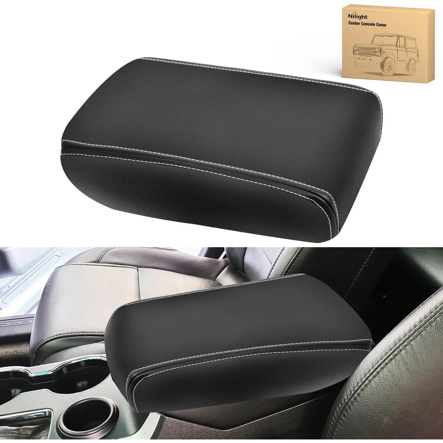 Nilight PVC Leather Full Coverage Slip-Proof Center Console Cover - 1 Auto Armrest Cushion Pad, Car Interior Accessory for 2011-2019 Ford Explorer, Waterproof, Black with Seat Insert & Foam, Protects from Daily Wear, Relieves Elbow Stress