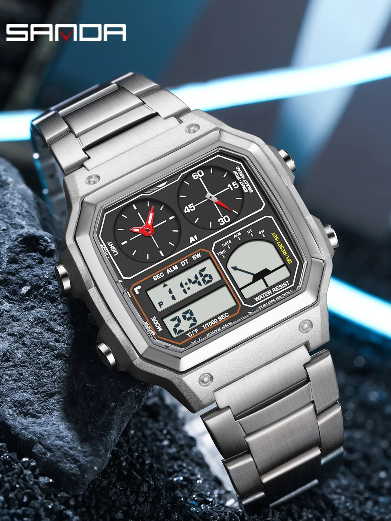 Sanda 6257 Men's Retro Electronic Watch, 50m Waterproof Night Glow, Three Time Zones, Thermometer, Stopwatch, Alarm, Trendy Outdoor Square Watch