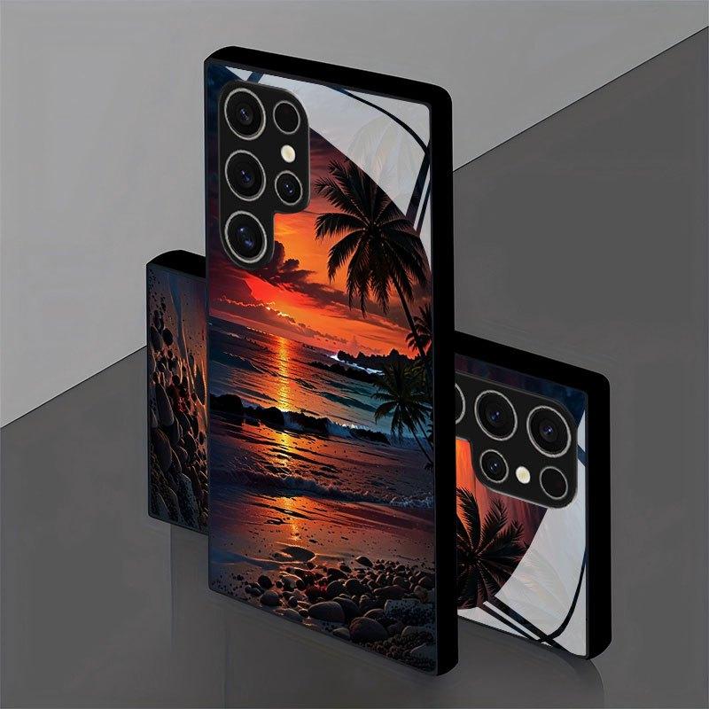 Phone Case: Sunset Beach Coconut Tree Scenic Pattern Design Black Tempered Glass Phone Case Suitable for Samsung Galaxy S26 S25 S24 S23 S22Pro S21 S20 Fe Plus Ultra Pro A56 A55 A54 A53 A52 A51 A36 A35 A34 A32 A26 A25 A24 A23 A16 A15 A14 A06 A05 A03s