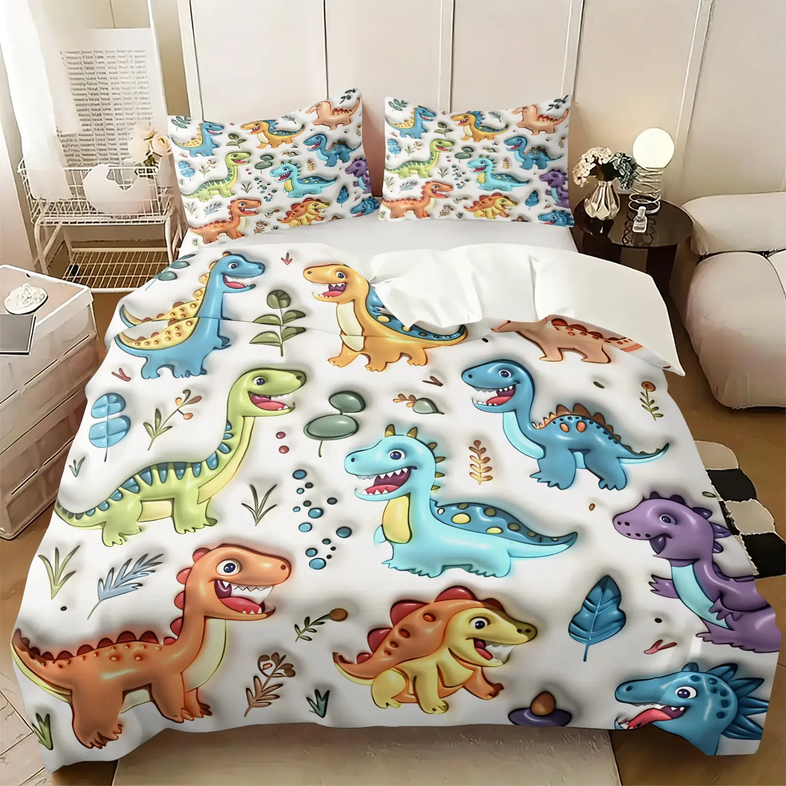 Colorful 3D Cartoon Jurassic Dinosaur Kids Print Duvet Cover Set, 1 Duvet Cover & 1-2 Coreless Pillowcases, Soft Skin-Friendly Jurassic Bedding All Size, Cartoon Jungle Reptile Bed Set, Lovely Bedroom Decor & Gift For Little Boys