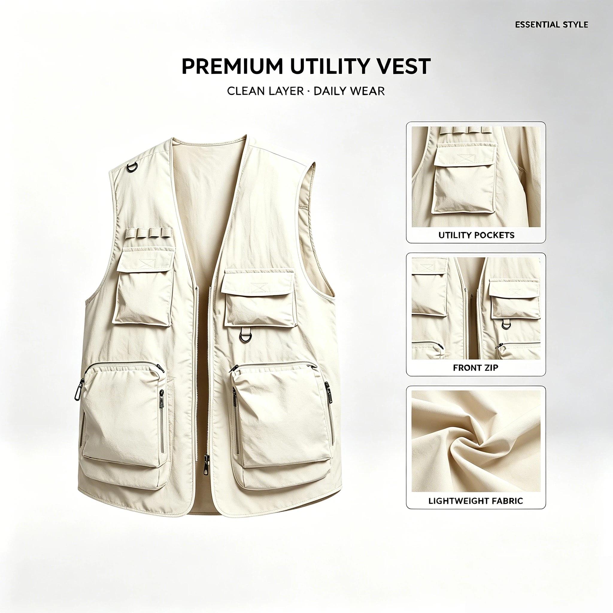 Men's Lightweight Tactical Waistcoat - Casual Polyester Slim-Fit Sleeveless Outerwear with Multi-Pockets, Zip-Up Closure for Outdoor, Streetwear Menswear Tops