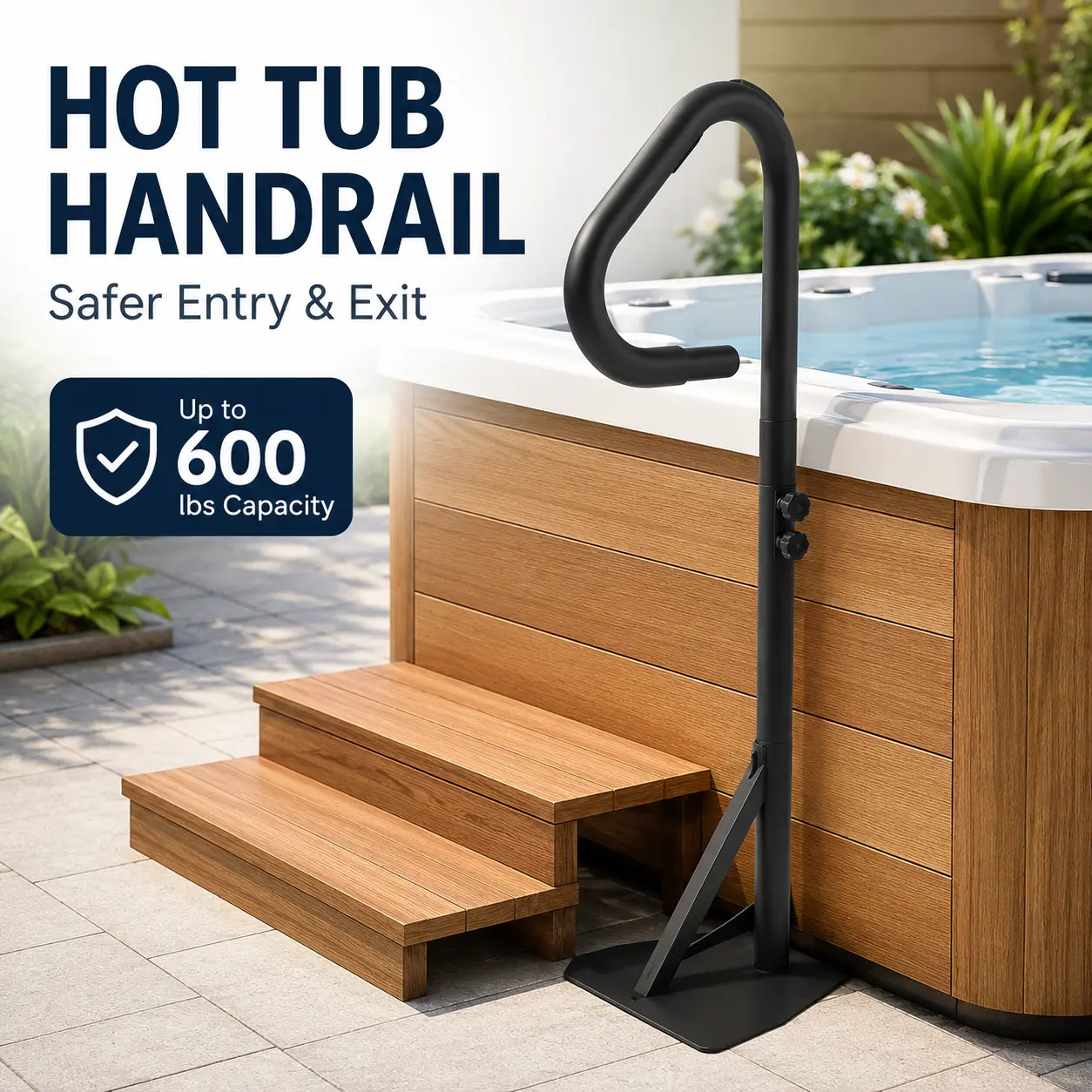 Hot Tub Handrail for Spa, 600 LBS Capacity Safety Grab Bar with 360° Swivel & Adjustable Height 44.5"-60", Non-Slip Foam Grip Spa Assist Rail with Slide-Under Base for Outdoor Jacuzzi, Swim Spa & Pool Steps