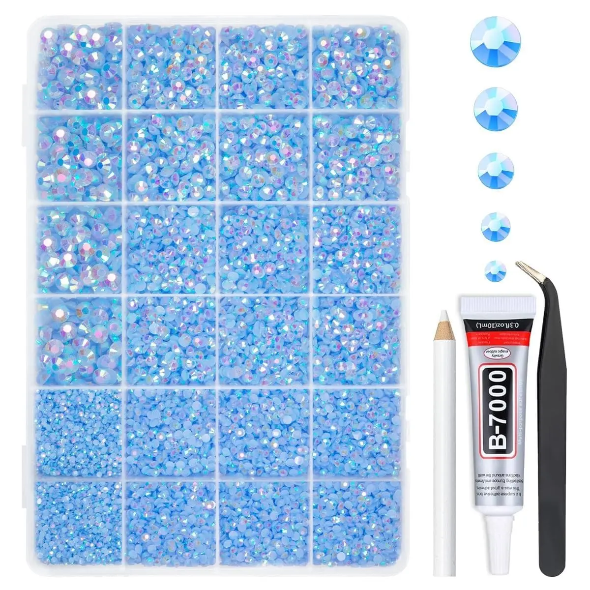 Light Blue AB Resin Rhinestones w B7000 Jewelry Glue for Bedazzling Crafting 2mm-6mm Flatback Jelly Stones Diamonds Gems Bedazzler Kit Charms for Nails Face Makeup Tumblers Bottles Crafts ShoesGift