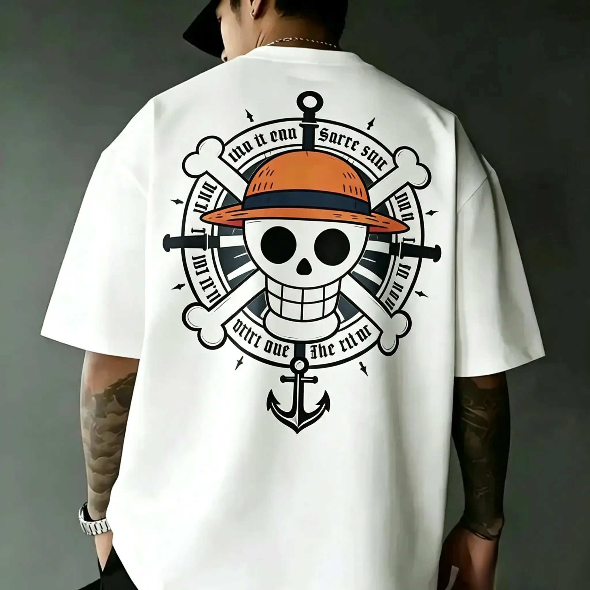 Vintage "Straw Hat Pirate" Graphic T-Shirt, Retro Anime Streetwear Heritage Tee, Classic Double Sided Print Top, Unisex Y2K Aesthetic Harajuku Apparel Oversized Trophy