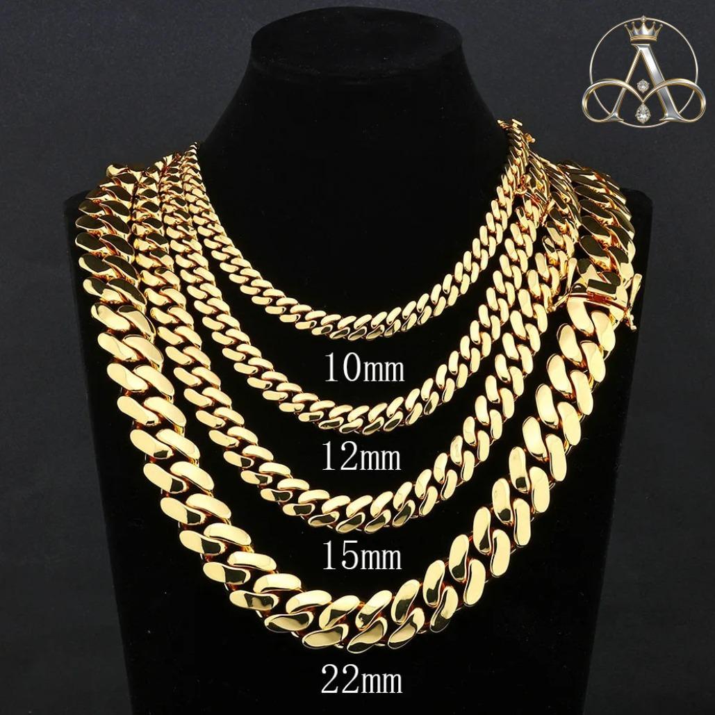 Aurelia Crest  Solid Cuban Chain Necklace Miami Cuban Link Chain Hip Hop Men Women Fine Jewelry Gift