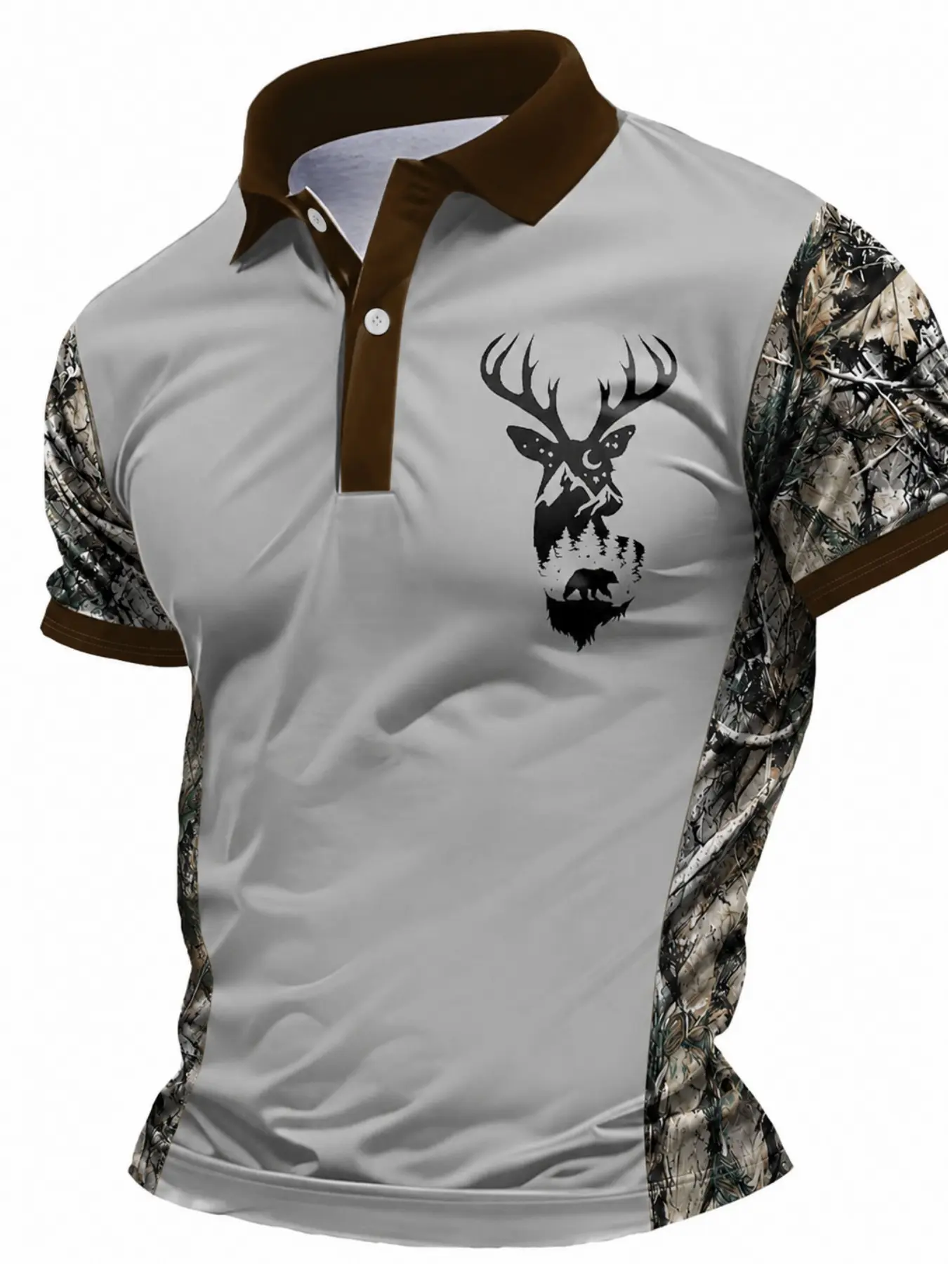 Wild Fashion Camouflage Sleeve Men's Knit Polo Shirt, Casual, with Graphic Reindeer Pattern, Outdoor Travel Stylish