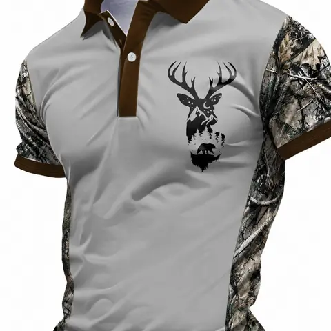 Men's Short-Sleeve Knit Polo Shirt with Camo Sleeves & Deer Chest Print, Regular-Fit Casual Graphic Polo for Outdoor, Travel & Everyday Wear