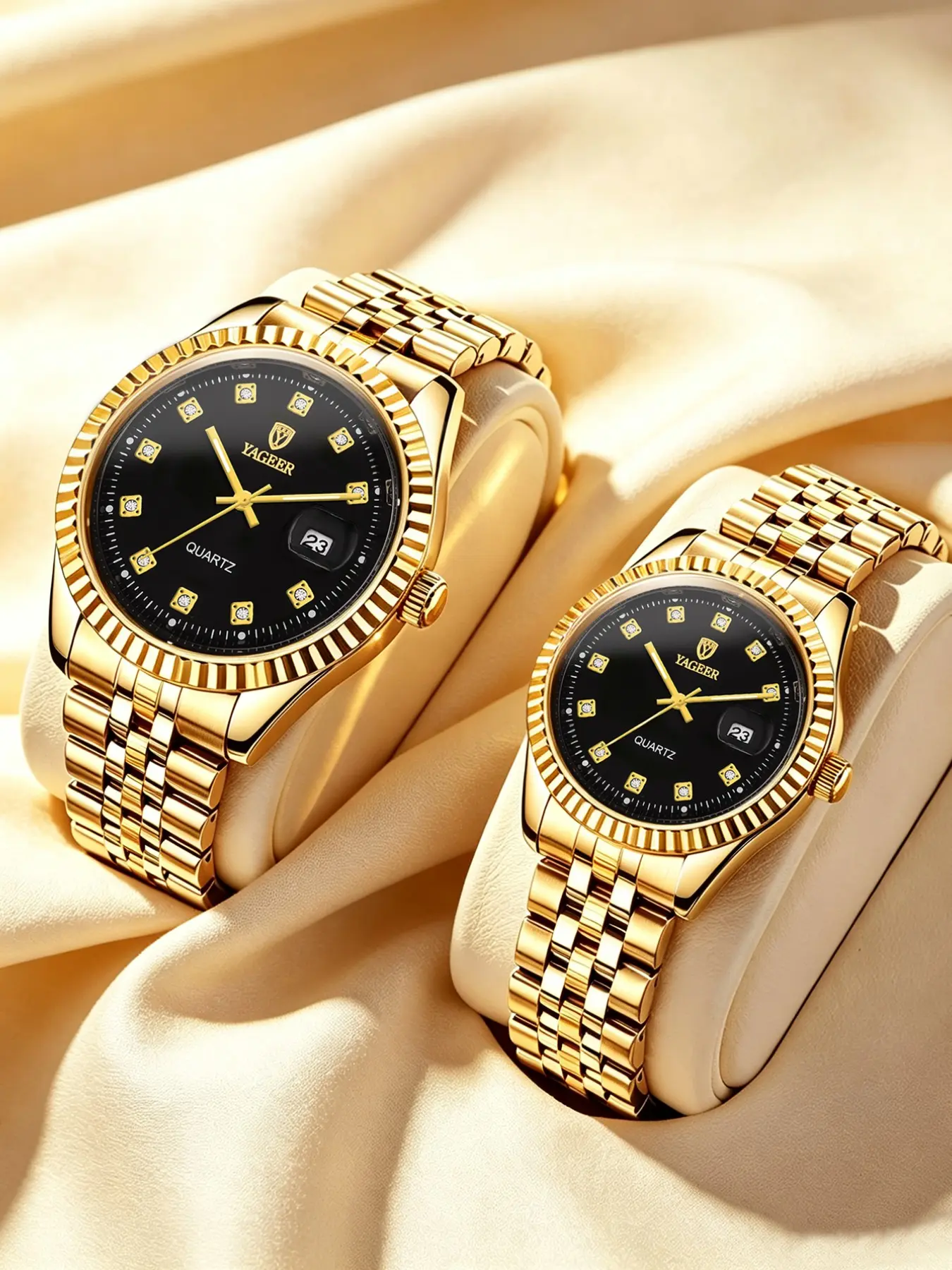 Couple Fashion Luxury Quartz Watch Set, Round Dial, Analog Display, Calendar Function, Blue Mineral Glass, All Seasons Wear