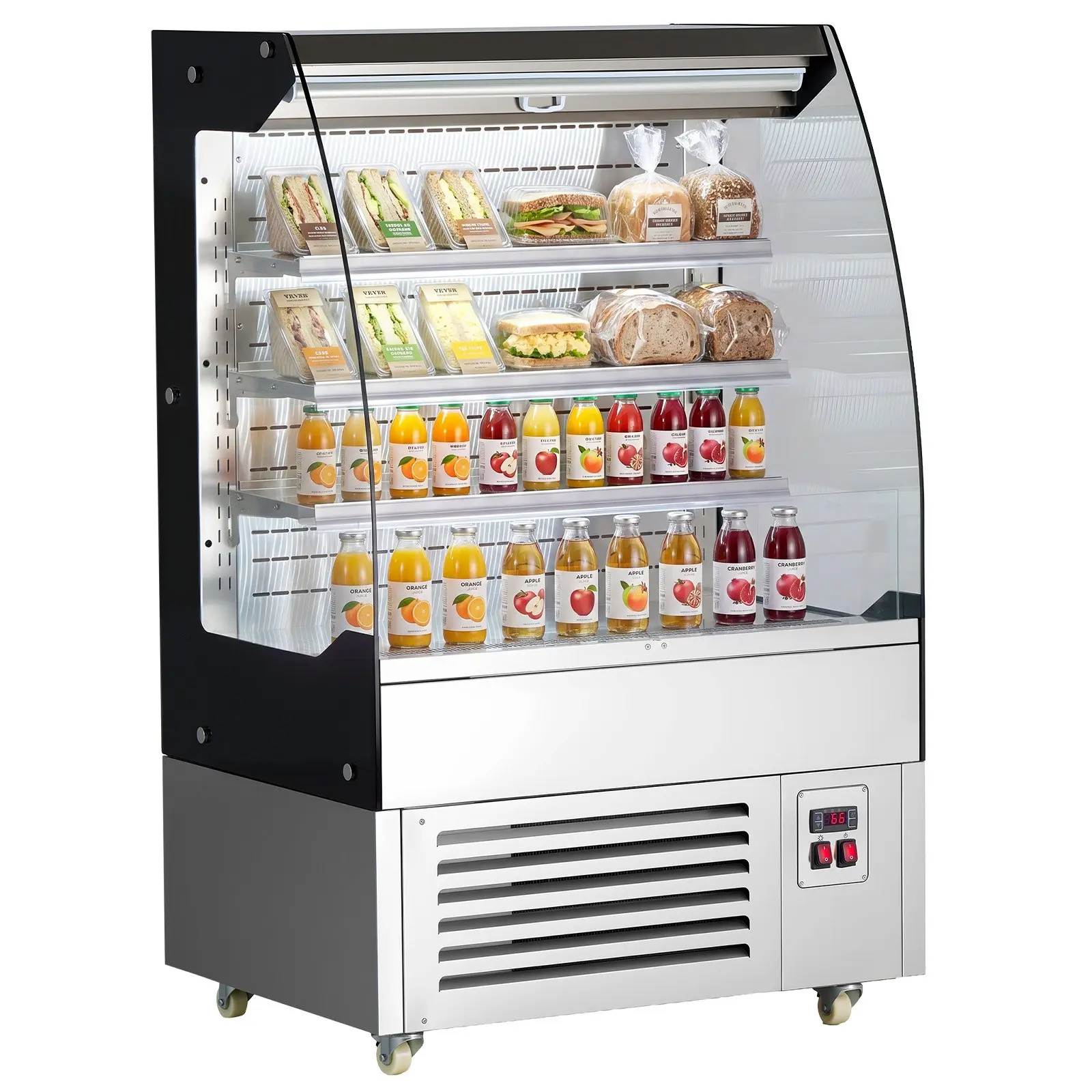 VEVOR Open Air Merchandiser, 5.4 cu. ft. 3-Tier Shelving Commercial Refrigerator, Grab and Go Fan Cooling Display Cooler, with LED Lighting, Night Curtain, Upright for Restaurants, Stores, Office