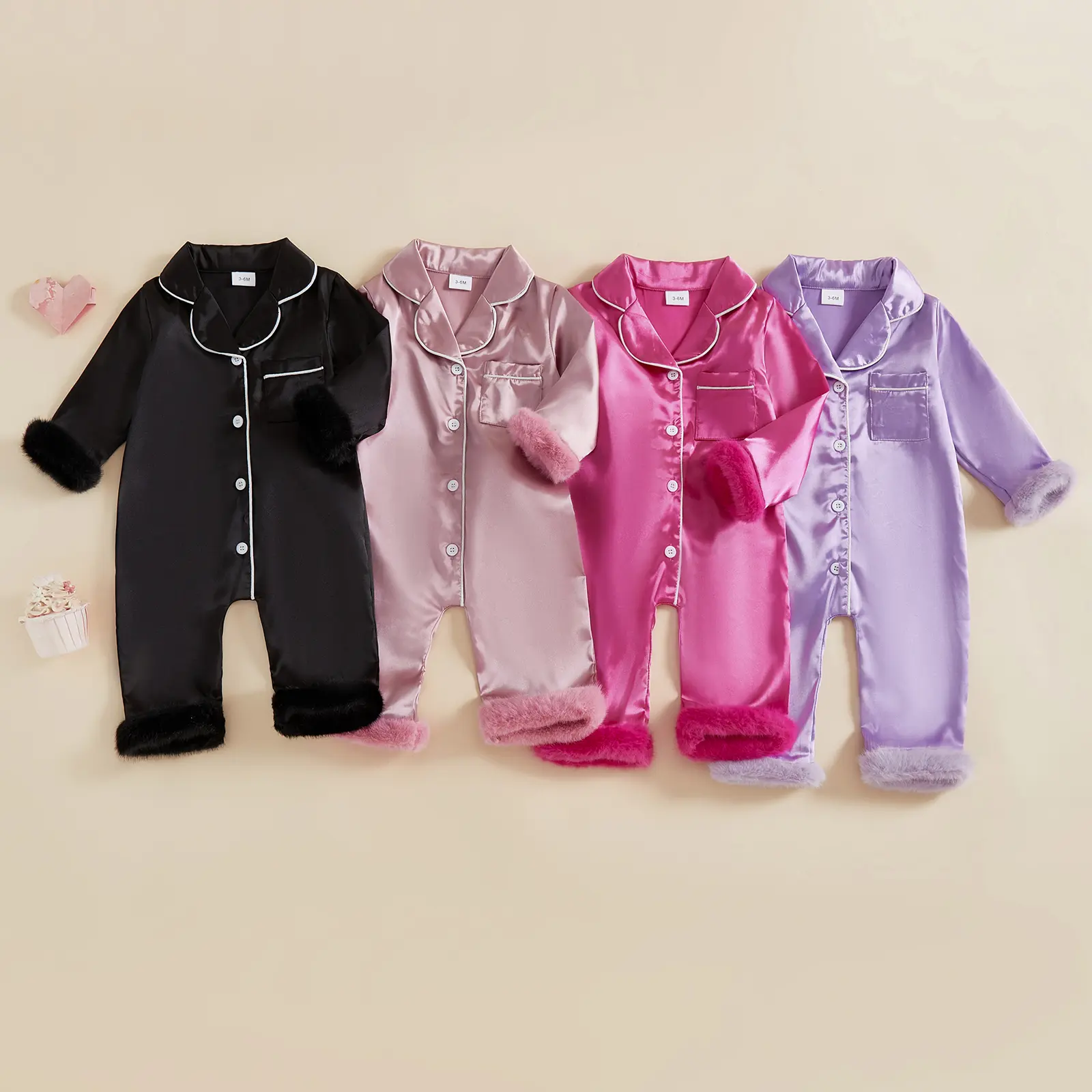 Babamoon Toddler Baby Girl Satin Pajamas Newborn Button Down Romper Jumpsuit Feather Trim Nightgown Infant Long Sleeve Sleepwear 0-24M
