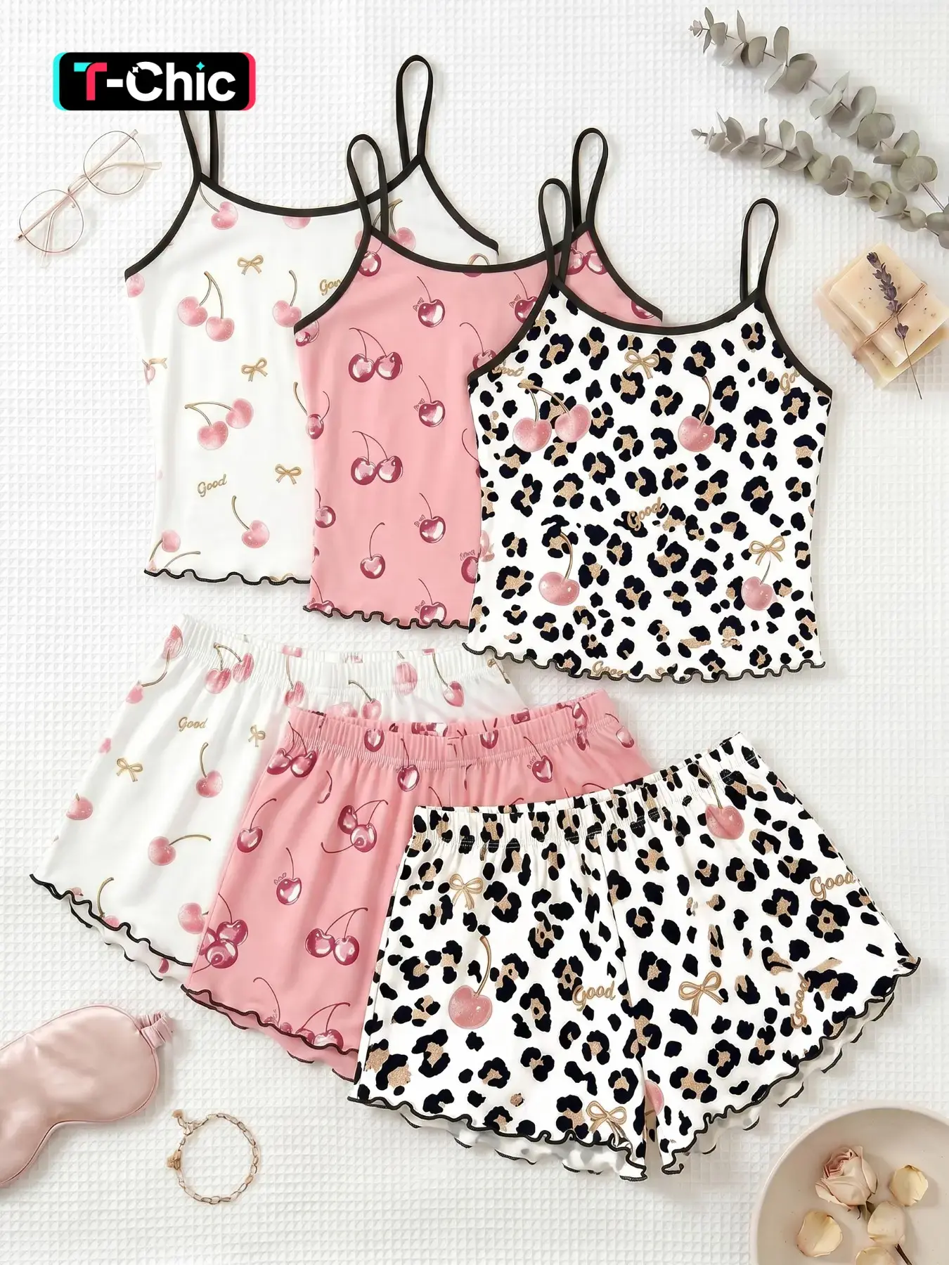 Cherry Print Halter Spaghetti Strap Short Pajamas Set, Trim Ruffle Design, Sweet Cool Girl Style, Breathable Home Sleepwear, 3-Piece Combo