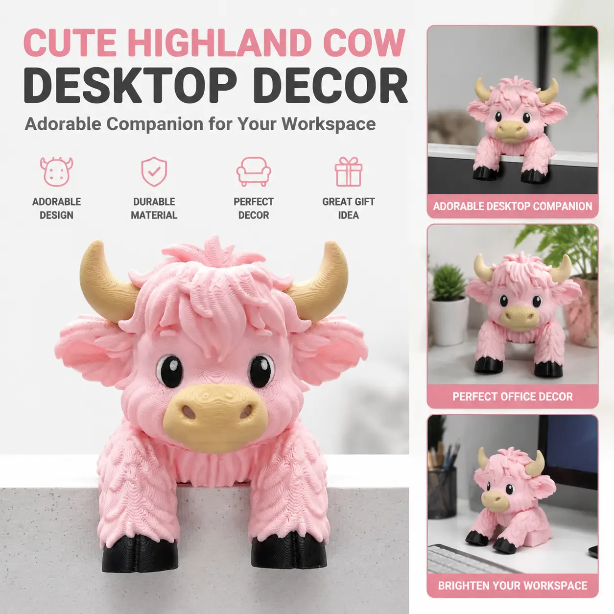 Highland Cow Monitor Buddy and Screen Sitter, 3D Printed Emotional Support Desk Companion and Office Decor-YY0