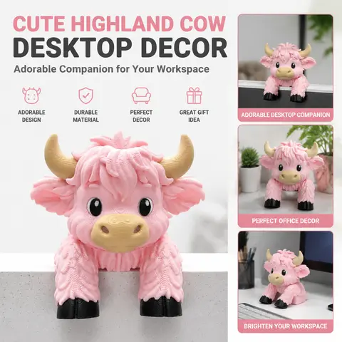 Highland Cow Monitor Buddy and Screen Sitter, 3D Printed Emotional Support Desk Companion and Office Decor-YY0