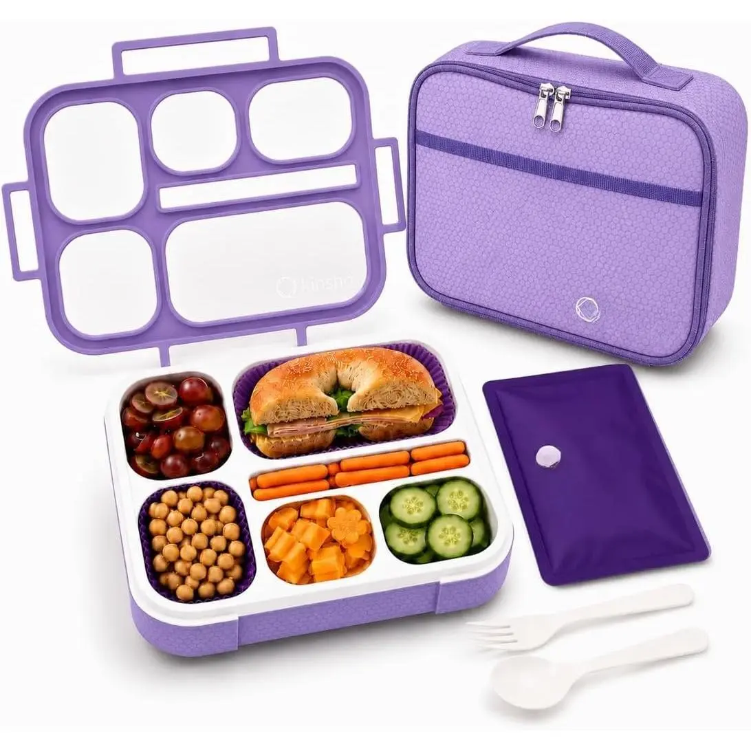 Girls' 6-Compartment Leakproof Bento Lunch Box Set - Modern Synthetic Grid Design, Over 4 Cups Capacity, Airtight Lid, Insulated Bag, Ice Pack, Fork, Microwave-Safe for Kids, School