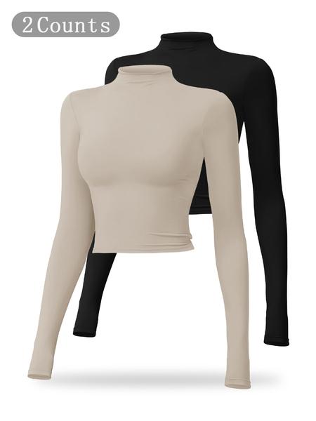 Women's Solid Mock Neck Sports Tee, Quick Drying Breathable Long Sleeve T-shirt for Yoga and Gym Wear, Ladies Casual Workout Tops for Fall & Winter