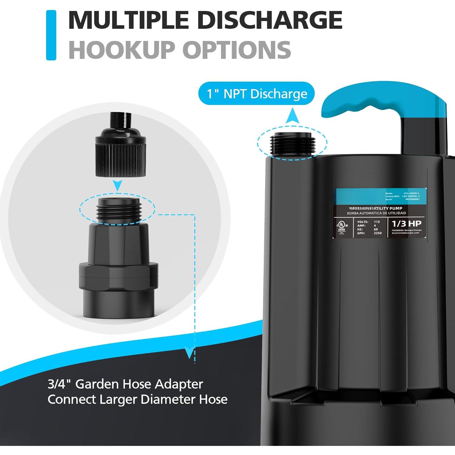 1/3  Automatic Water Pump, 2250GPH Submersible Utility Pump with 3/4" Garden Hose Check Valve Adapter Portable Electric Sump Pump Removal for Pool Draining Basement Hot Tubs Garden UTL-336PE