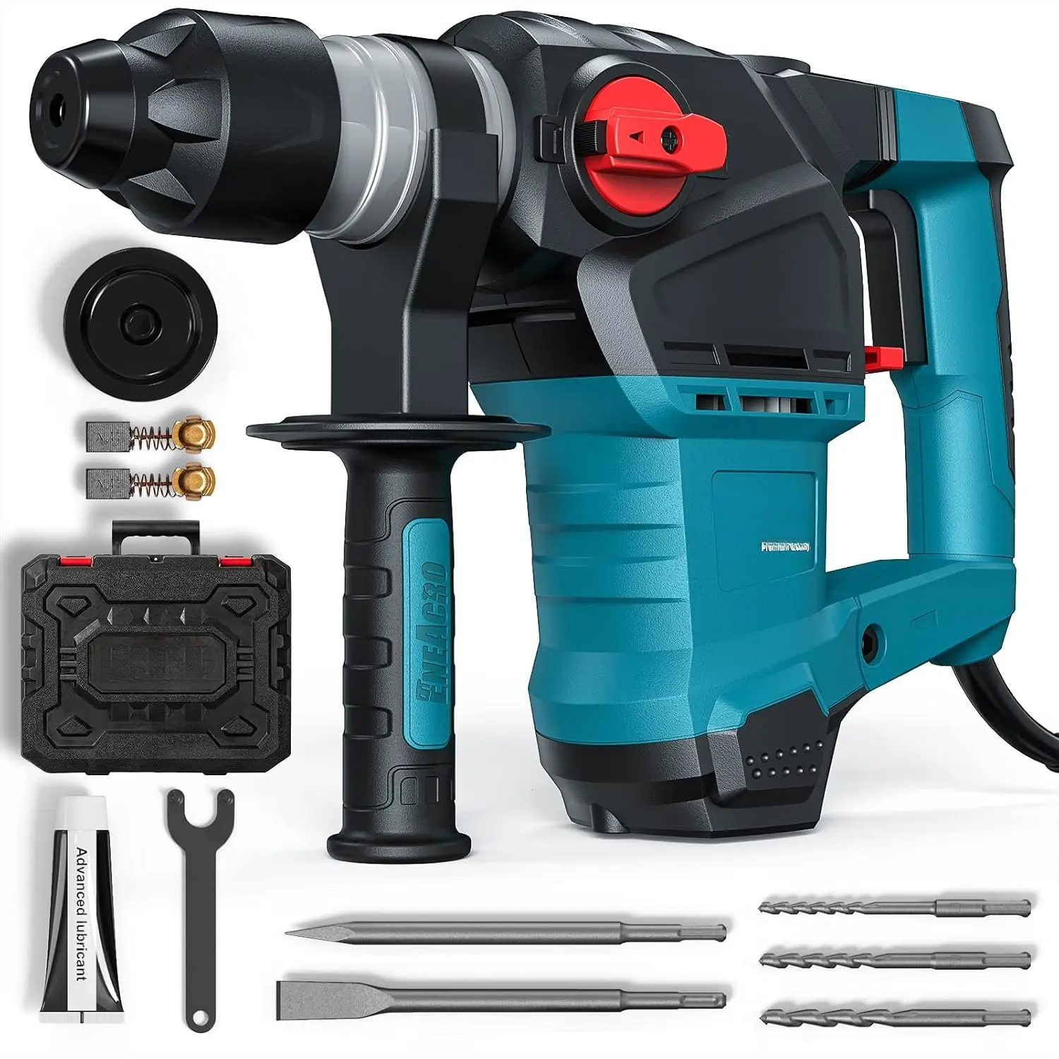 1-1/4 Inch -Plus 12.5 Amp Heavy Duty Rotary Hammer Drill | Safety Clutch, 3 Functions, Vibration Control, Includes , Chisels, Drill Bits & Case