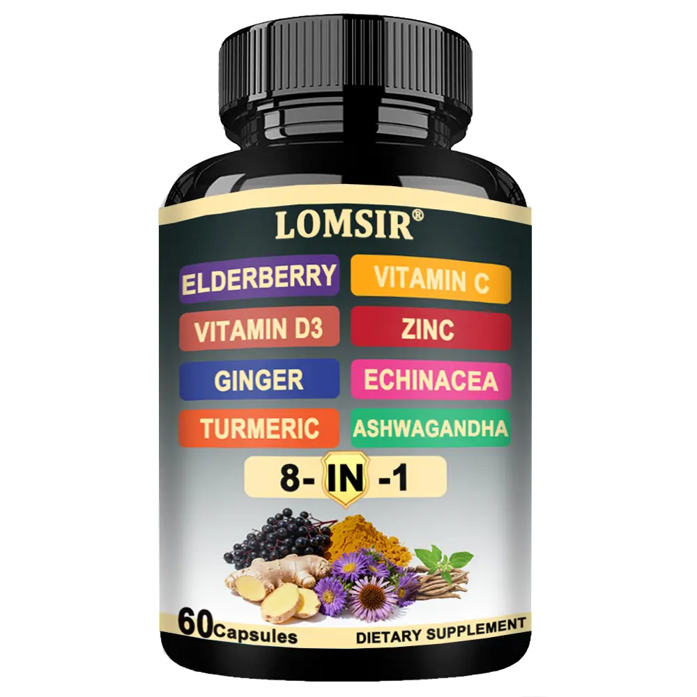 Elderberry Immune Support Supplement 8-in-1 Formula with Echinacea, Vitamin C & Zinc, Vitamin D3, Turmeric, Ginger, Ashwagandha – 60 Capsules