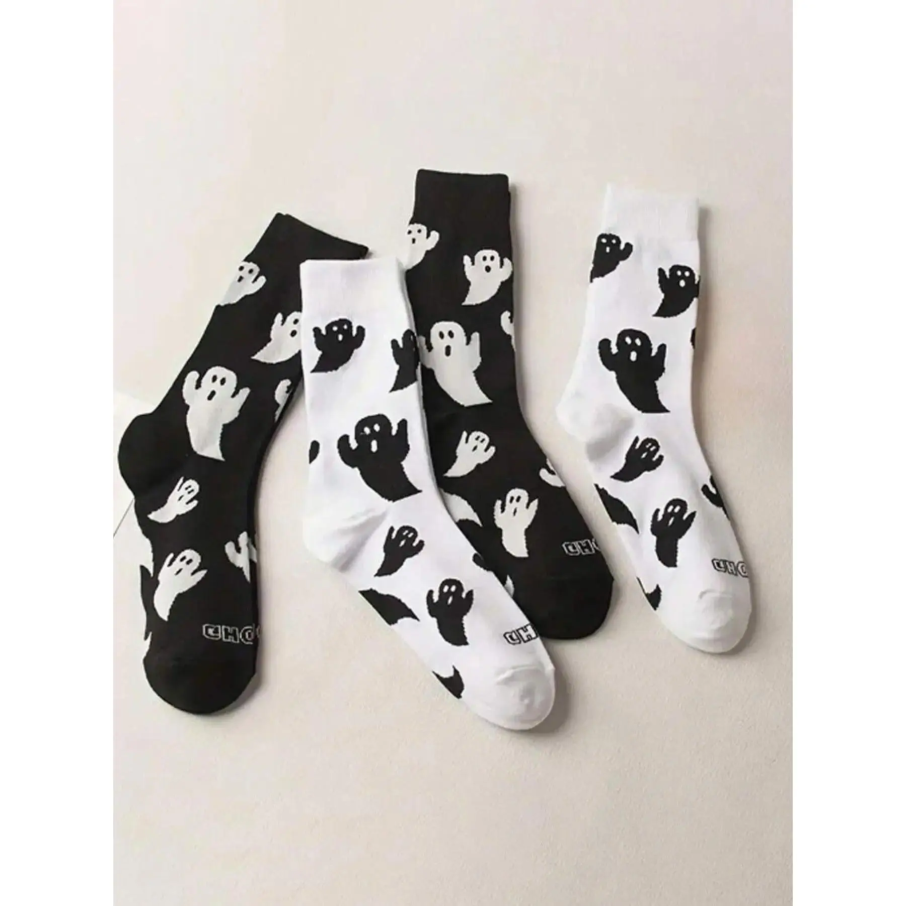 4Pcs Women's Ghost Print Mid-calf Socks, Casual Socks, Soft Comfy Breathable Socks for All Seasons Daily Wear Sock Sets