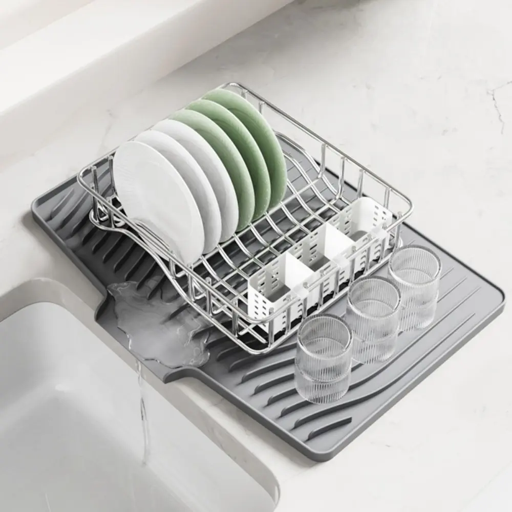 Ribbed Silicone Dish Drying Mat, Sloped Drain Kitchen Counter Organiser Pad - Heat-Resistant, Non-Slip Tray for Tableware, Cookware, Baking Tools, Cabinet Storage, Fruits, Hanging