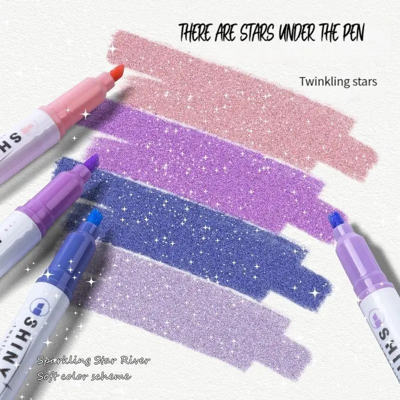 Kawaii Glitter Highlighter Pen Set per Box - Pastel Fine-Tip Markers, Shimmer Decorative Tools, School Supplies, Cute School Supplies for Scrapbooking, Student Aesthetic Stationery, Painting, Coloring, Glitter Effect