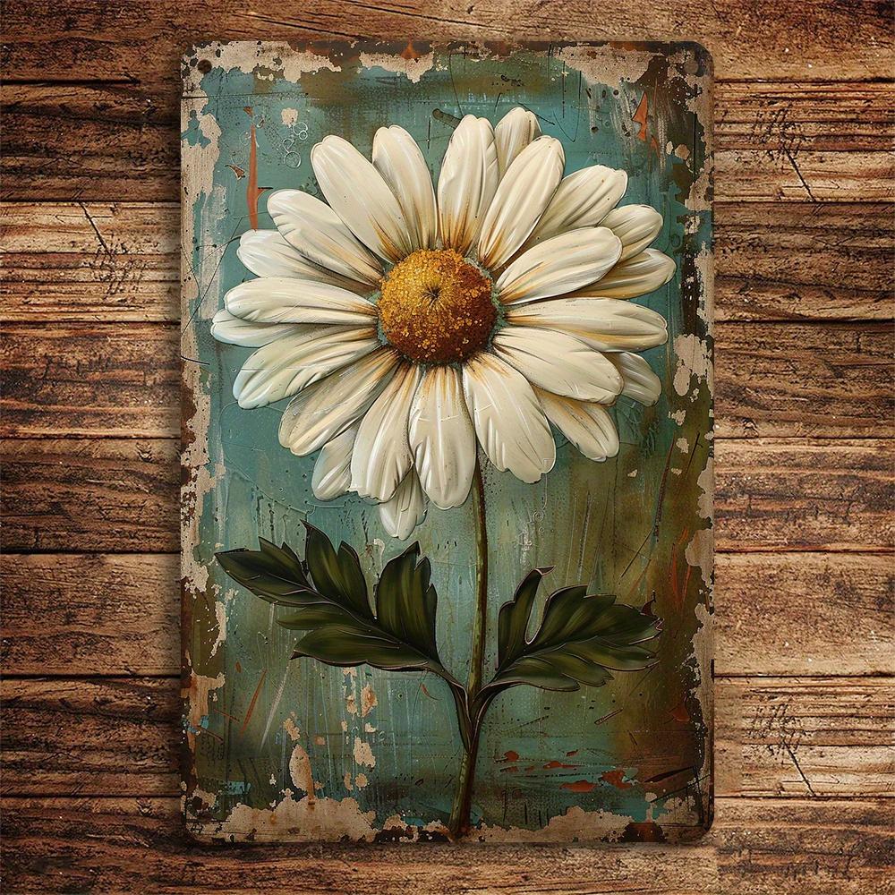 Vintage White Daisy Hand Painted Metal Wall Sign Retro Home Bar Cafe Decor Durable Art Signage for Living Room Club Gift 8x12 Inches Rustic Farmhouse Kitchen Pub Wall Decor