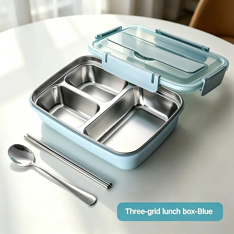 Bento boxes, lunch boxes, Leak-Proof Stainless Steel Lunch Box with 3 Compartments - Durable, Easy-Clean Bento Container for Students & Office Workers, Kitchen Supplies, Back to School Gifts, Household Goodies, Portable Lunch Boxes