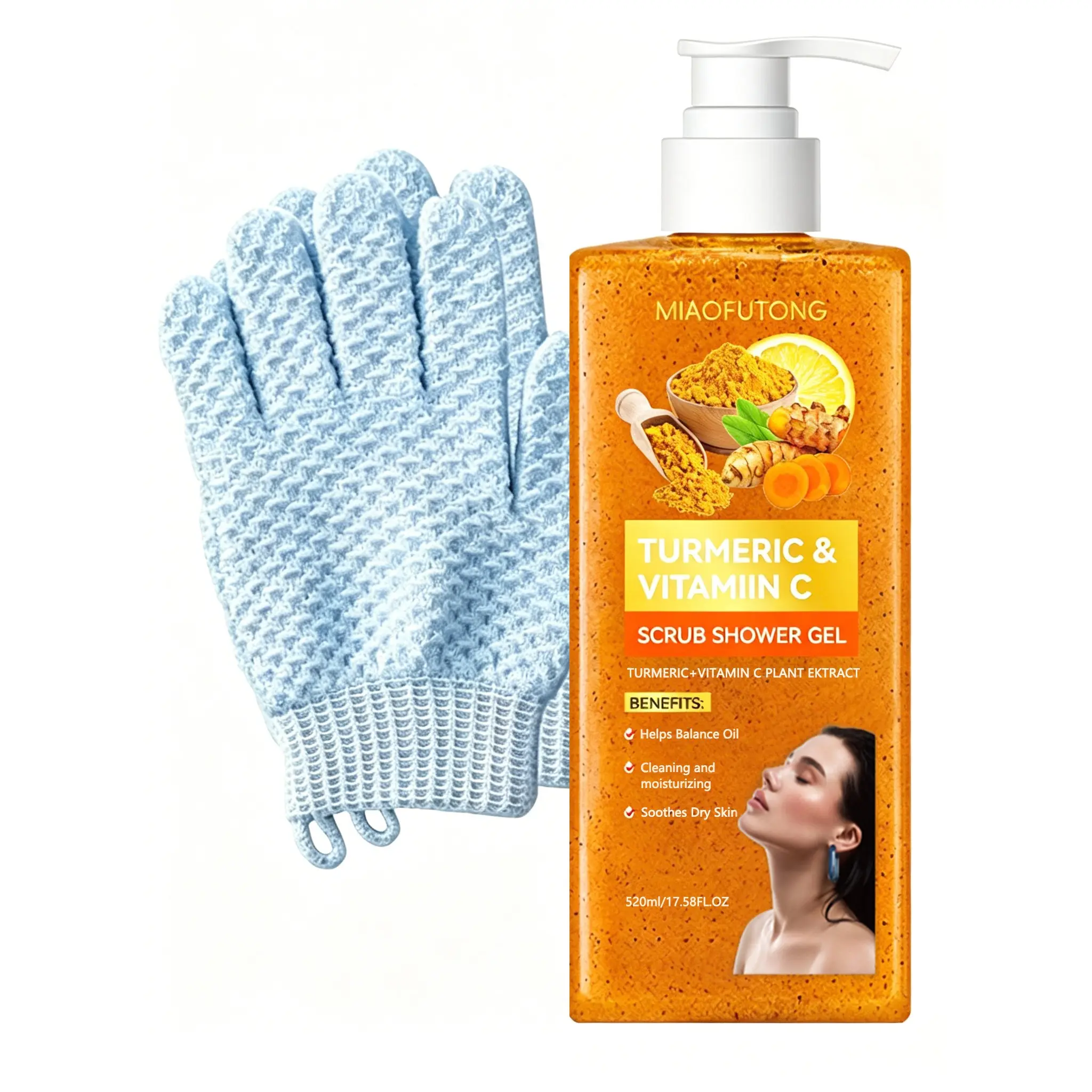 TURMERIC SCRUB SHOWER GEL+Rubbing gloves Large capacity family body scrub, gentle and deep cleansing skin shower gel Exfoliating Body Wash Body Hygiene Products