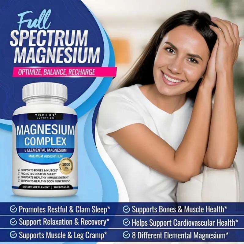 (Flash Sale 3 bottles) TopLux Nutrition Magnesium Complex 1000mg 90 Capsules 7 Elemental Sources Men Women Bone Muscle Sleep Immune Support Nature Decent Fitness Dietary Supplement Malate Taurate Chelated for