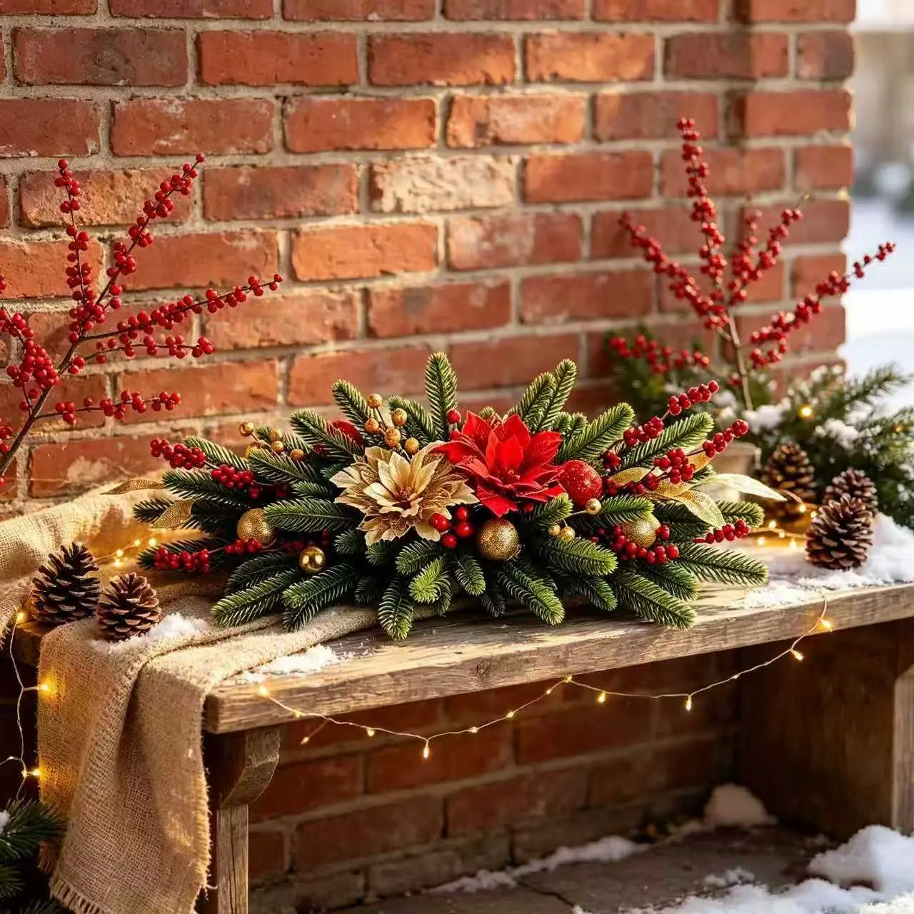Artificial Christmas Table Centerpiece, Mixed Pine Branches with Poinsettia, Berries, Decor, Holiday Home Decoration
