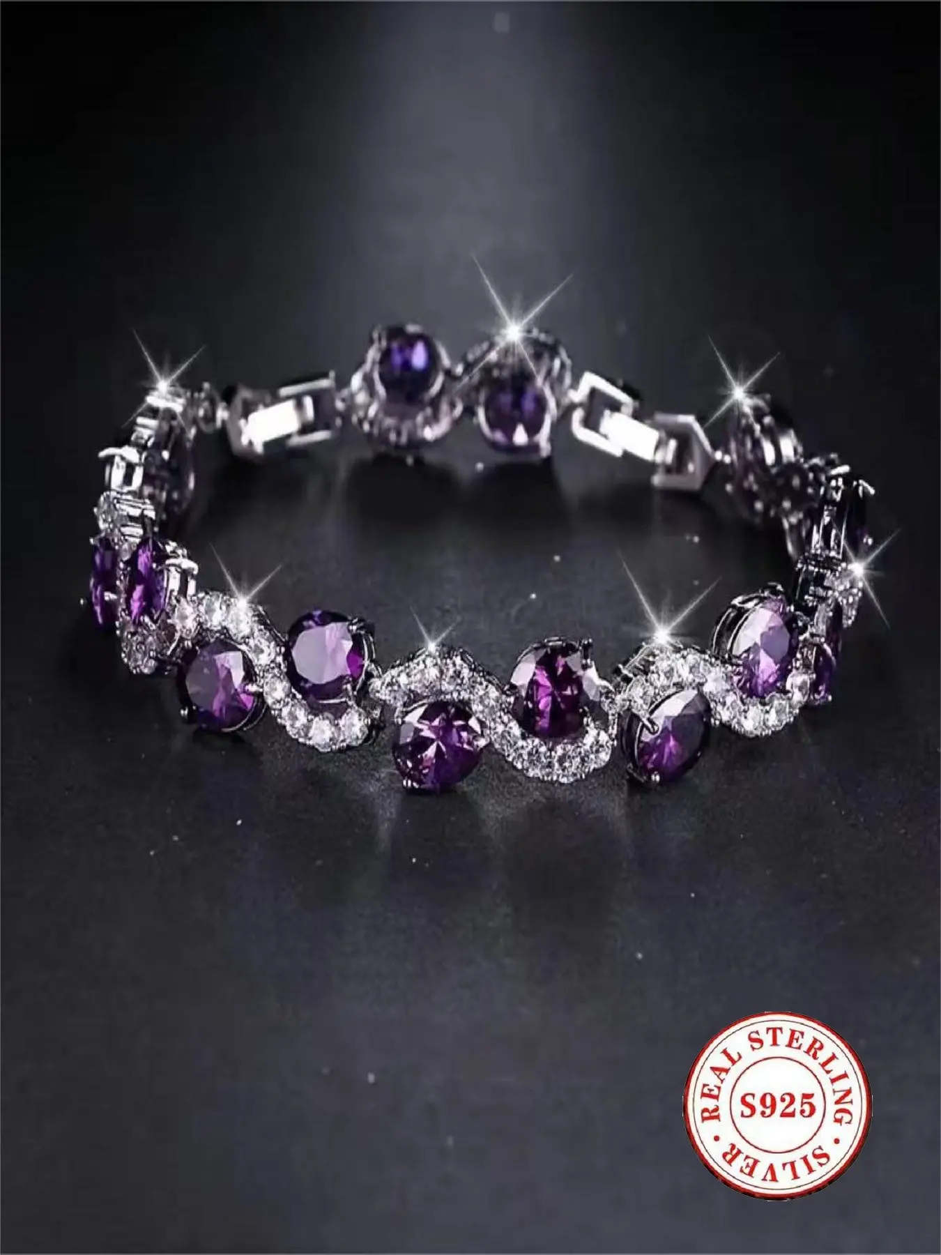 Oval Amethyst Tennis Bracelet, S925 Sterling Silver Hypoallergenic Purple Gemstone Link Bracelet with Cubic Zirconia, Elegant Daily & Bridal Jewelry Gift for Women Fashion Bracelets