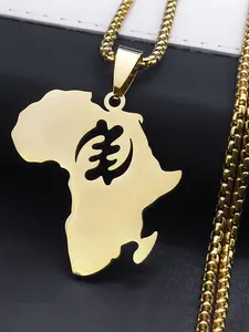 Adinkra Gye Nyame African Map Necklaces for Women Men Stainless Steel Gold Color Ethnic Africa Chain Necklaces