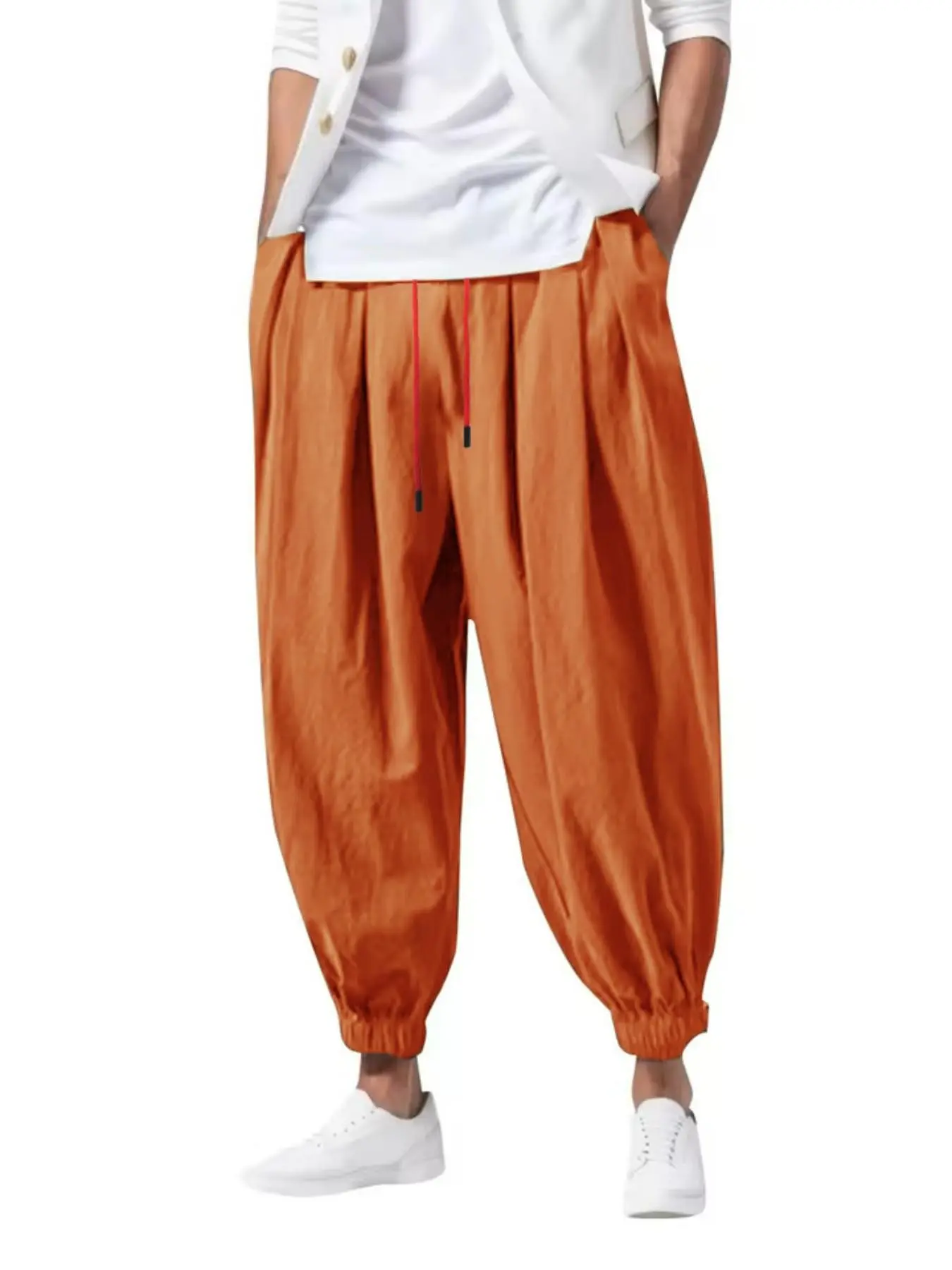 Men's Drawstring Waist Linen Harem Pants, Loose Fit Nine-Inch Lantern Pants, Breathable Summer Long Pants, Adjustable Waist, Pure Color Design
