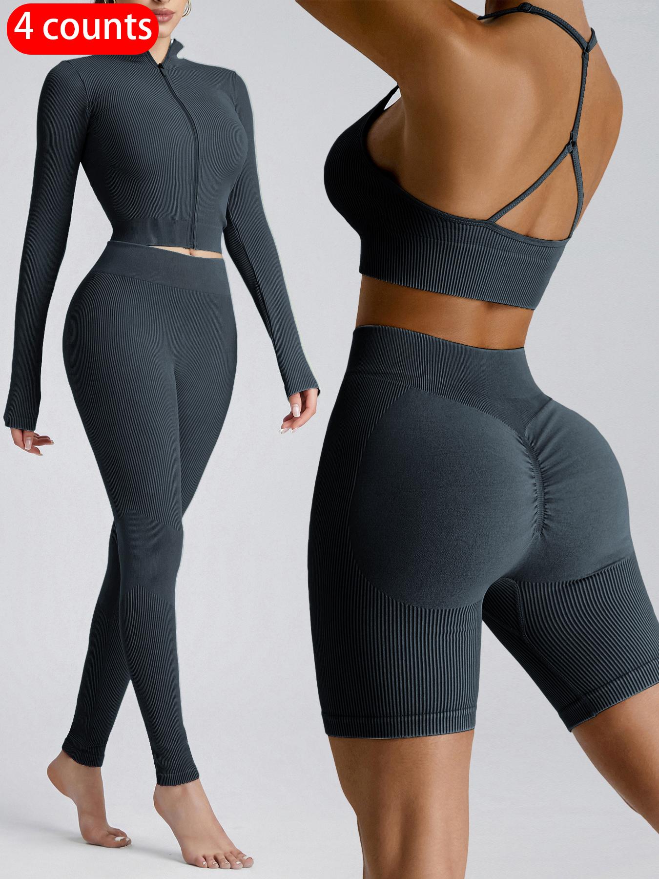 Women's Plain Tracksuit Set, Sports Zip Up Crop Jacket & High Waist Leggings, Ladies Spring & Fall Clothes, Gym Wear, Yoga Suit Outdoor