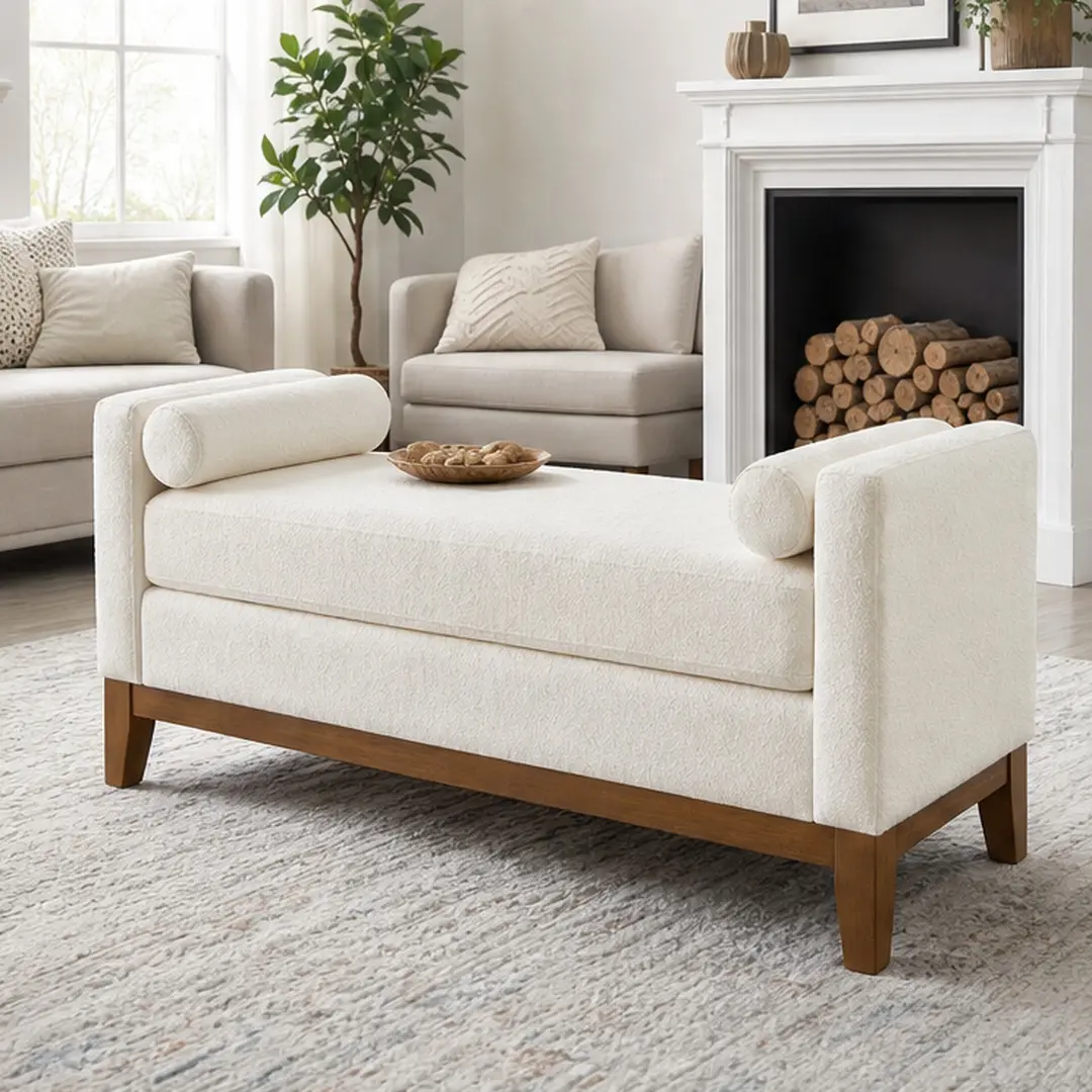 ARCH Large Upholstered Boucle Fabric Ottoman Bench with Pillows, Padded Window Bench for Living Room, Entryway, Ivory, 51"L x 18.5"W x 22.5"H, Foam Filled, Easy Assembly, Footstool, Ottoman, Seat Bench, Ivory Color Options, Boucle Material